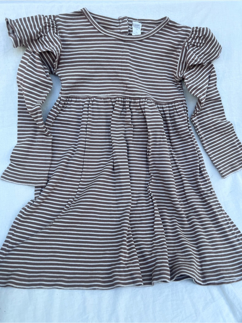 Kate Quinn Long Sleeve Striped Ruffle Dress - Brown & White - Size 8 (EUC)